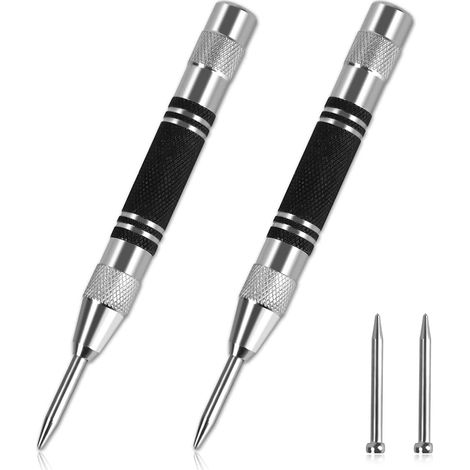 Set di 2 punzoni automatici per foratura centrale, punzone a impatto regolabile da 130 mm, punzoni a molla, fornito con 2 teste metalliche di ricambio, per legno, pareti, plastica, metallo, vetro (1/5)