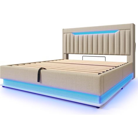 Polster-Doppelbett 180x200 cm beige aus Leinen mit LED, USB und USB-C (1/5)