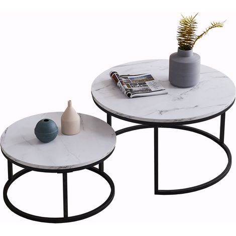 Fortuna Lai – Table basse gigogne ronde moderne – Cadre en métal – Panneau marbré – Dimensions : 80 x 45 cm et 60 x 33 cm – Noir