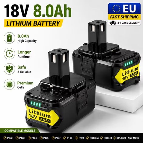 2x Batterie 18V 8,0Ah compatible avec Ryobi ONE+ P108 P107 Li-Ion (1/3)