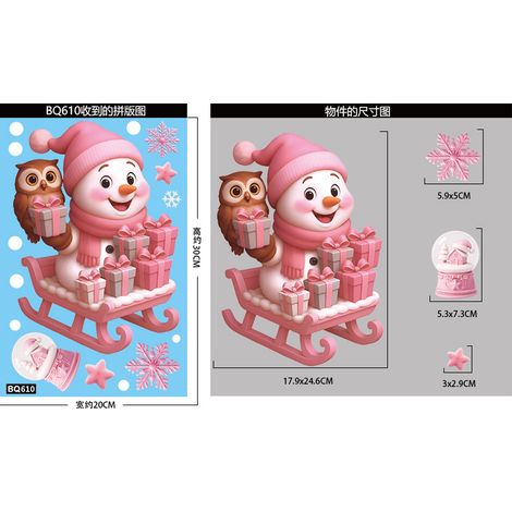 Autocollants décoratifs roses pour fenêtres, sapin de Noël, bonhomme de neige, autocollants pour fenêtres, cerf de Noël, flocons de neige, autocollants statiques