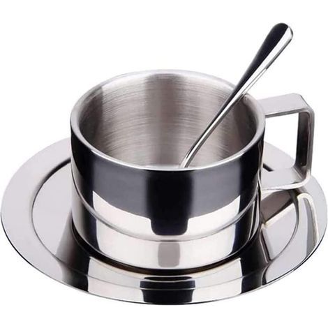 AIDUCHO Elegantes Edelstahl-Kaffeebecher-Set, 200 ml doppelwandiger Isolierbecher mit Untertasse und Löffel, für Zuhause und Camping, Silber (1/5)