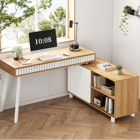 Bureau d'angle avec 2 tiroirs et 1 placard, naturel et blanc, 140x120x76,5 cm (1/5)