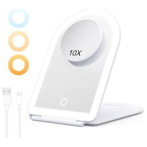 BUNTHAUS Miroir Maquillage Lumineux Portable avec Grossissant 10X, Miroir à Coiffeuse LED Tactile Réglable - Éclairage 3 Couleurs, USB Rechargeable pour Voyage et Chambre, Blanc (1/5)
