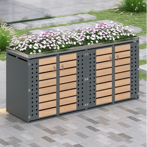 Cubreresiduos de 4 compartimentos con jardinera, acero galvanizado gris y madera HAVRYA (1/5)