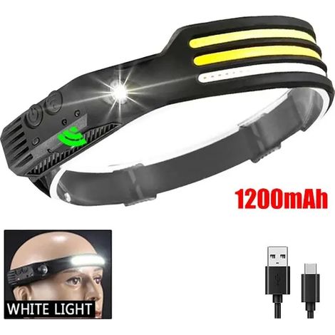 Lampe frontale LED COB (3 LED blanches 1200 mAh) à induction, batterie intégrée, rechargeable par USB, idéale pour le camping et la pêche en extérieur avec capteur de mouvement. (1/5)