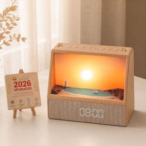 2026 Upgraded Sunset Alarm Clock,Knob Brightness & Volume Control Sunrise Alarm Clock with 24 Soothing Sounds, Dual Alarms, Built-in Bluetooth for School,Bedroom, Sleeping, Adults & Teens (1/5)