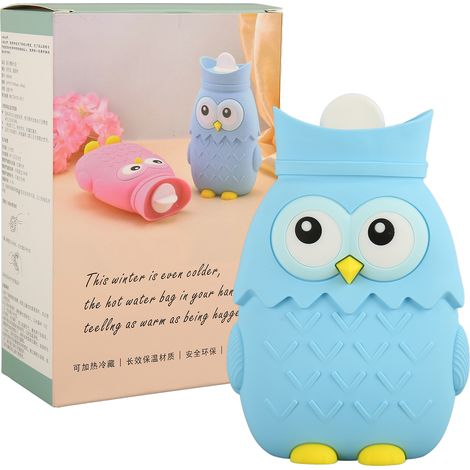 Bouillotte Eau Chaude Silicone Micro-ondes 400ml Hibou Mignon Portable Chauffage Rapide Bleu Clair (1/5)