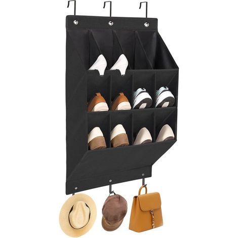 Türschuhregal mit Haken, 24 Aufbewahrungstaschen für Schuhe, Accessoires usw., eine platzsparende Kleiderschranklösung, schwarz.