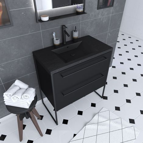 Mobile da bagno 80x50 - 2 cassetti - lavabo in resina nero effetto pietra - STRUCTURA F051 (1/4)