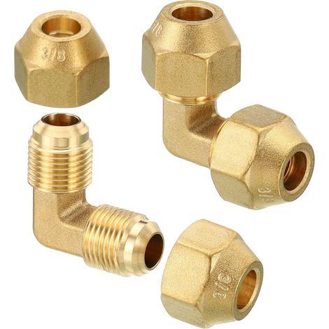 3/8" x 3/8" Laiton Tuyau Raccord, 2 Paquet Flare 90 Degré Coude Tube Raccord Tuyau Adaptateur Connecteur avec Écrou pour Climatisateur Réfrigération Plomberie (1/5)