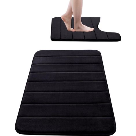 Lot de 2 tapis de bain en mousse à mémoire de forme : un tapis de bain 61 x 41 cm et un tapis de toilette en forme de U 61 x 51 cm, antidérapants et absorbants, noirs. (1/5)