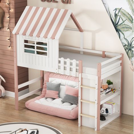 Kinderbett 90x200 cm Rosa Massivholz mit Dachform, Sicherheitsleiter, Stauraum und Lattenrost (1/5)