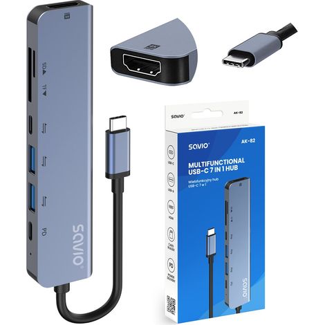 Hub d'interface Savio AK-82 USB Type-C 5000 Mbit/s Noir (1/5)