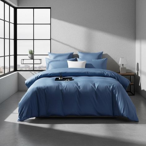 Bettwäsche-Set 155x220 cm Mako Satin Uni Dunkelblau Baumwolle Lyocell mit 2 Kissenbezügen 80x80 cm