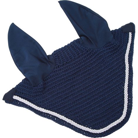 Bonnet d'oreille élastique pour cheval, crocheté à la main, bleu marine. Cache-oreilles pour cheval, en filet élastique, bleu marine. (1/5)