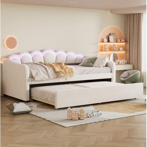 Letto bambini 90x200 cm con letto estraibile 90x190 cm e illuminazione LED, in velluto beige, materasso non incluso (1/5)