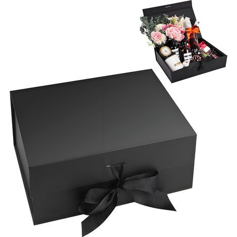 Boîte cadeau noire pliable avec nœud - 23 x 17 x 7 cm - Avec couvercle magnétique - Pour mariages, Noël, anniversaires, anniversaires de mariage (noir 1) (1/5)