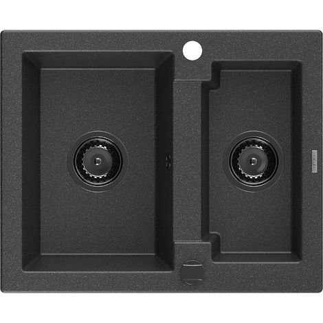Mexen Carlos 1,5-Becken-Granitspüle 582 x 475 mm, Schwarz gesprenkelt, Siphon Schwarz - 6518581500-7 (1/5)