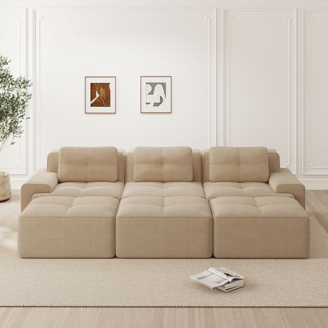 Diván esquinero modular de pana beige con cama y 3 pufs, 3 plazas, sin estructura (1/5)