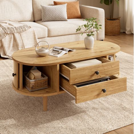 Tavolino da caffè ovale in MDF e pino, 100 x 50 x 40 cm, rovere, con ante scorrevoli e 2 cassetti (1/5)