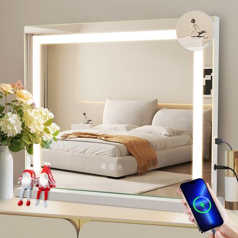ZMH Miroir de maquillage Hollywood avec éclairage - Miroir LED à intensité variable 50x40 cm avec 3 modes d'éclairage de couleur - Miroir grossissant 5x - Connexion USB Pour chambre Dressing (1/5)