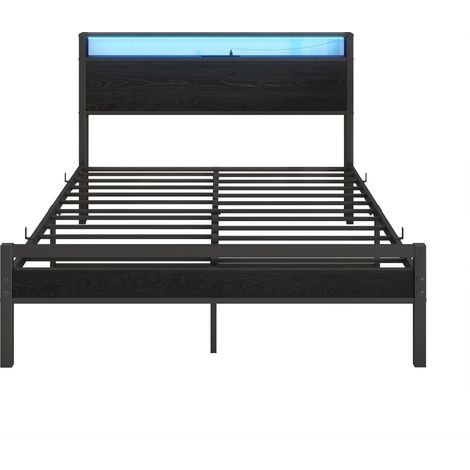 Lit 140x200 avec rangement, tête de lit à 2 compartiments, cadre en métal, LED et charge USB-C, style moderne noir - CHICFURN (1/5)
