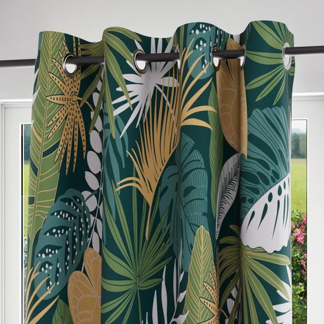 Soleil D Ocre – Rideau à oeillets pur coton 135x250 cm – Motif vert et jaune – 8 oeillets en métal anti-rouilles – Lavable en machine à froid