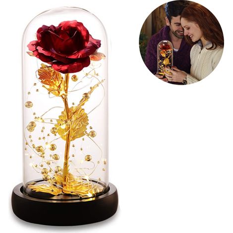 Lampe rose en soie, feuille d'or rose et guirlande lumineuse LED sur dôme en verre, socle en bois, cadeau romantique pour anniversaire, mariage ou Saint-Valentin (1/5)