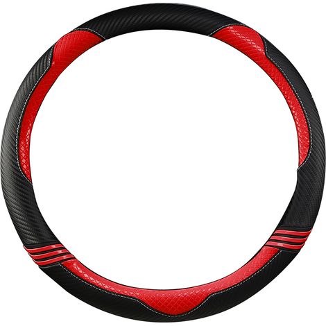 Housse de Volant Auto Antidérapante en Simili Cuir Fibre de Carbone Noir Rouge Pour Volant 38 cm (1/5)