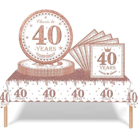 Vaisselle de fête 40ème anniversaire Rose Gold 37 pièces Décoration de table pour femmes et hommes