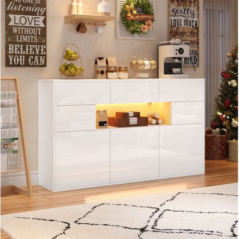 MEUBLIV aparador LED blanco 120x40x80 cm – 3 cajones, 2 puertas, acabado brillante (1/5)