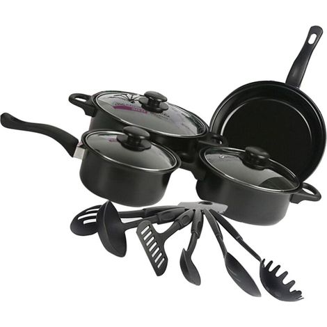 Vtizikl Ensemble De Casseroles Et Poêles, Ensemble De Cuisson Antiadhésif De 13 Pièces, Batterie De Cuisine À Induction avec Poêles À Frire, Casseroles Et Marmite,noir (1/4)
