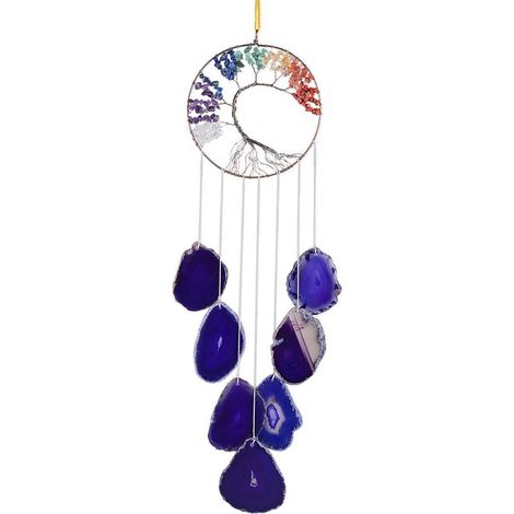 Carillon éolien Arbre de Vie avec 7 cristaux de guérison de chakras et disques d'agate, fait à la main