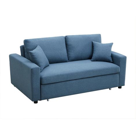 Vente-Unique – Canapé convertible 3 places en tissu 100% polyester – Dossier inclinable – Couchage 132x182 cm – Charge max 360 kg – Bleu (1/4)