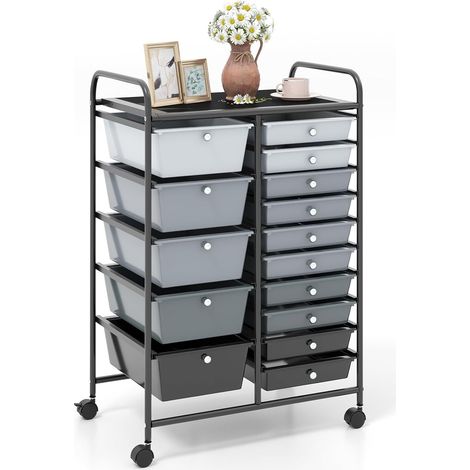 COSTWAY Carrito Auxiliar Almacenamiento con 15 Cajones Apilables y Ruedas Estructura Metálica, Carro Organizador para Cocina Restaurante (Negro+Marco Negro) (1/5)