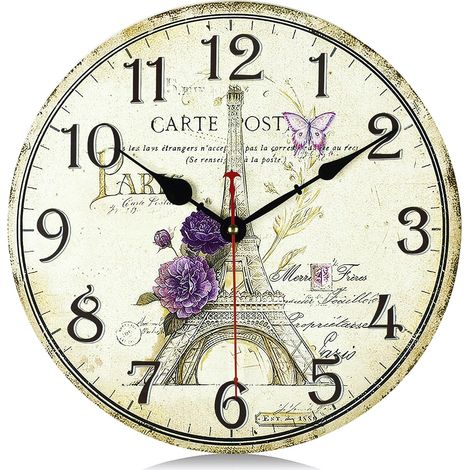30cm Horloge Murale Tour Eiffel Vintage Bois, Silencieuse Pendule Murale Floral Retro, Shabby Chic Rond Déco sans Tic-tac pour Salon Chambre Cuisine Bureau (1/5)