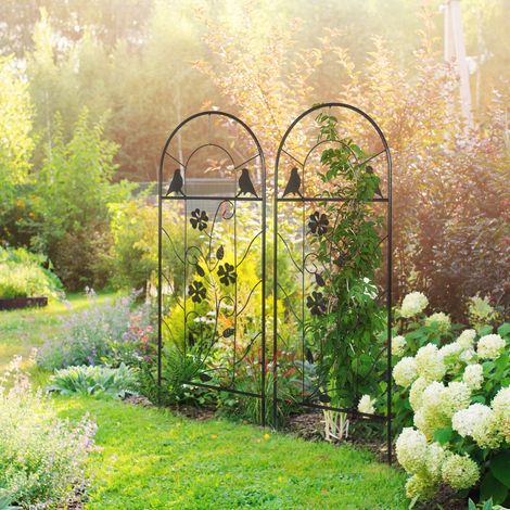 Set di 2 tralicci in metallo, con decorazioni a forma di uccellino e trifoglio, per giardino e patio, neri, 38 x 98 cm