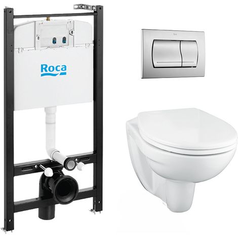 Pack Bâti-support ROCA ACTIVE + WC suspendu Porcher sans bride + plaque de commande chrome mat (1/5)