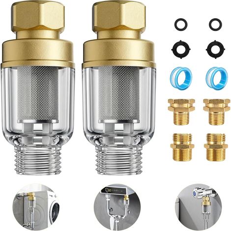 Lot de 2 Pré-filtres à Eau en Laiton Réutilisables - Filtre à Sédiments 50 Microns pour Machine à Laver, Douche et Chauffe-eau - Protection Anti-Calcaire et Anti-Jaunissement du Linge - Filetage Unive
