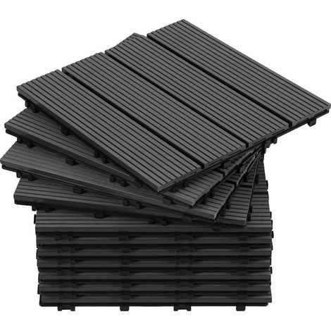 Jiubiaz Lot de 22 WPC Dalles de terrasse 4 lattes2 m², 30 x 30 cm, Dalles clipsables Composite bois Anthracite