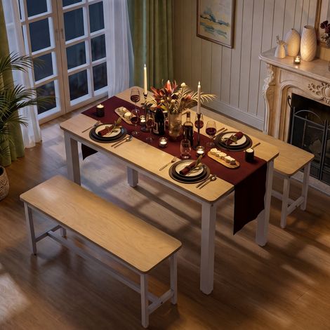 Ensemble table et chaises 4 personnes avec 2 bancs – Gain de Place Bureau de Cuisine Moderne Métal Blanc – Structure en panneaux de particules (1/5)