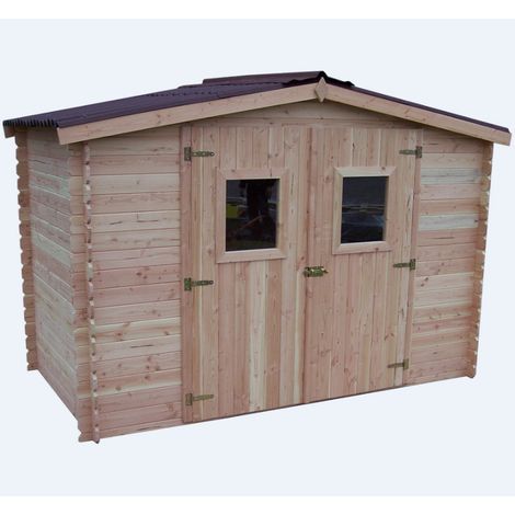 Habrita – Abri de jardin en madriers Douglas 20mm – Surface 5,24m² – Toit en plaques ondulées – Naturellement durable sans traitement (1/5)