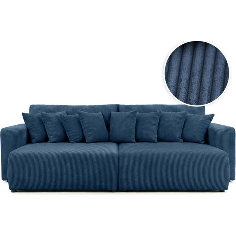 Canapé droit 4 places JADE double méridienne et assise profonde en velours côtelé - Bleu foncé