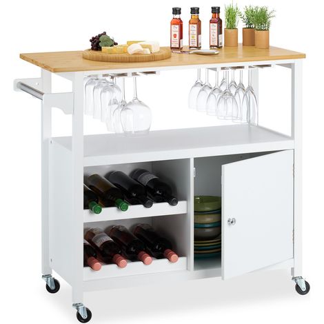 Relaxdays Carrello da Cucina con Ruote, Isola Ripiani Portabicchieri, Bambù, MDF, Carrellino Portabottiglie, 83x92x40 cm