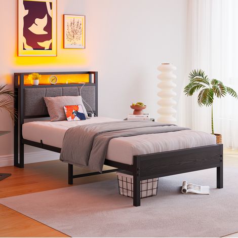 Cama 90x200 cm negra de MDF y metal con cabecero con almacenaje, LED y USB (1/5)
