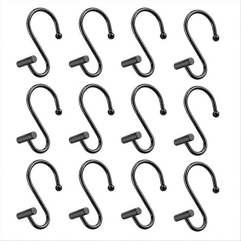 Crochets de rideau de douche noirs, lot de 12, crochets en S avec barre en T pour une suspension élégante et une installation facile dans la salle de bain. (1/5)