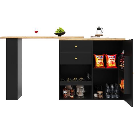 Table bar rotative (corps principal 105 x 39 x 102 cm), avec 2 tiroirs et armoire à porte coulissante, 3 étagères ouvertes, idéale pour salle à manger/bureau/salon (1/5)