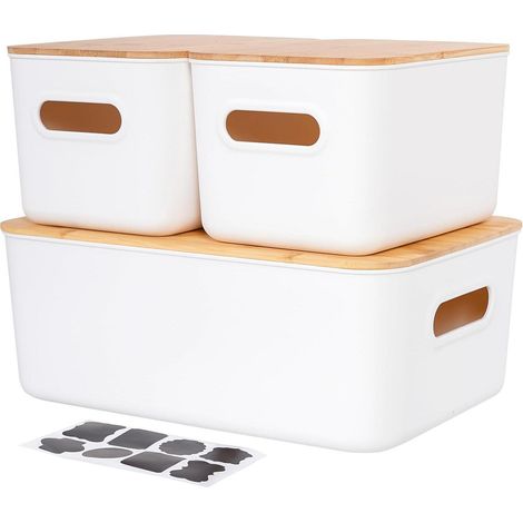 3er Set Aufbewahrungsboxen mit Bambusdeckel, stapelbar, mit Griffen und Etiketten (1/5)