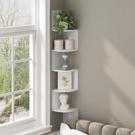 RHG Bibliothèque Étagère Murale d'angle Design Moderne en mélamine Effet Bois avec 5 étagères d'angle Dimensions, Étagère d'angle murale Blanc 19x19x123 cm
